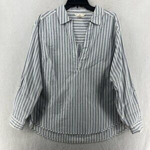 H & M L.O.G.G. Shirt Women's Sz S Gray White Striped Popover V Neck Long Sleeves